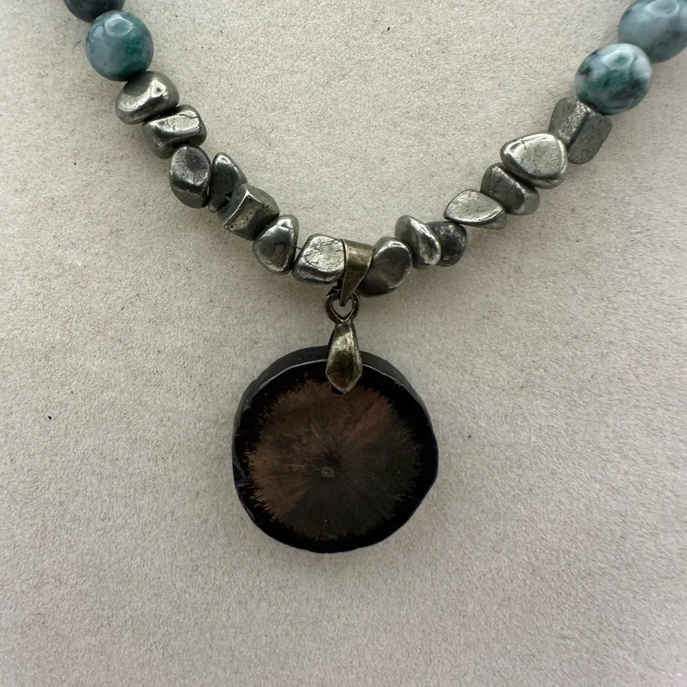 Pyrite and Jade Beaded Necklace with Pyrite Sun Pendant